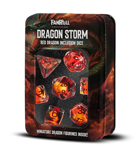 Gros plan sur un dé Dragon Storm Red Dragon montrant la tête de dragon à l'intérieur