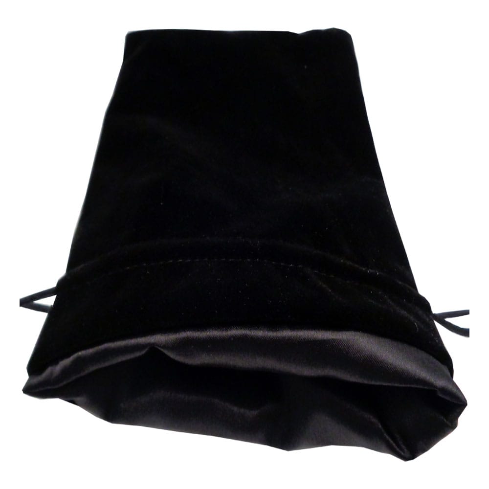 Sac à dés FanRoll Velvet Black Large en velours noir, doublure satinée noire, présenté ouvert sur une table de jeu