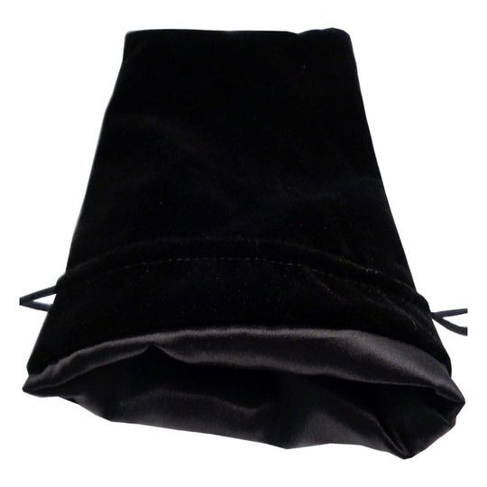 Sac à dés FanRoll Velvet Black Large en velours noir, doublure satinée noire, présenté ouvert sur une table de jeu