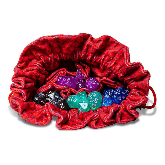 Sac à dés FanRoll Dragon Storm Red Dragon Scales ouvert avec 7 compartiments remplis de dés