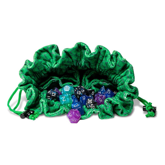 Sac à dés Dragon Storm FanRoll ouvert, montrant les 7 compartiments intérieurs et la texture velours vert.