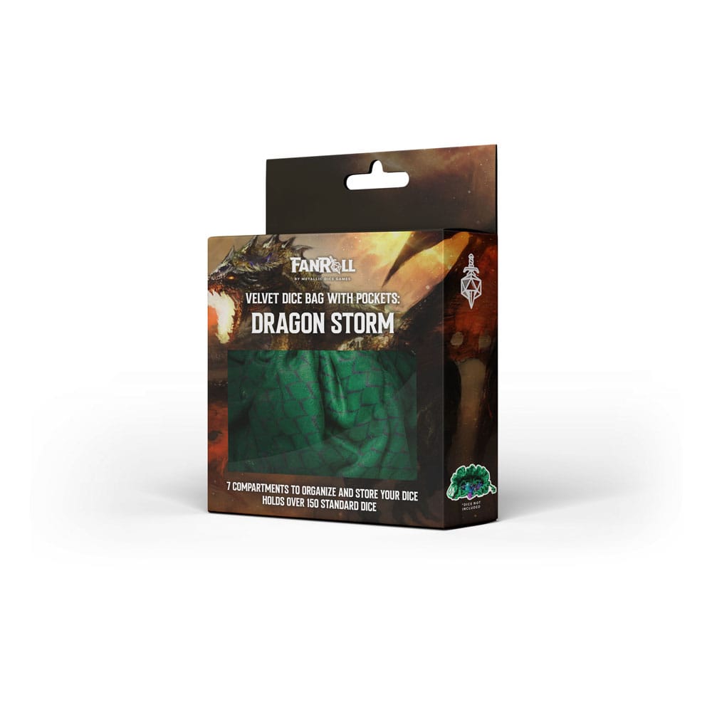 Sac à dés FanRoll Green Dragon Scales fermé, vue de la texture velours et du motif écailles de dragon.