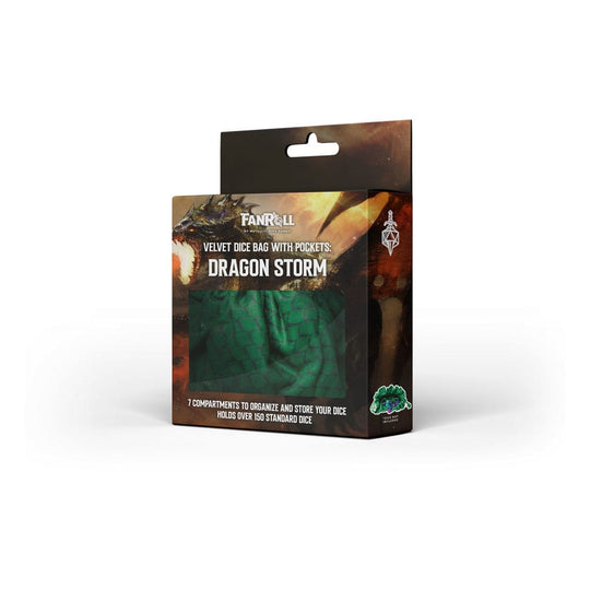 Sac à dés FanRoll Green Dragon Scales fermé, vue de la texture velours et du motif écailles de dragon.