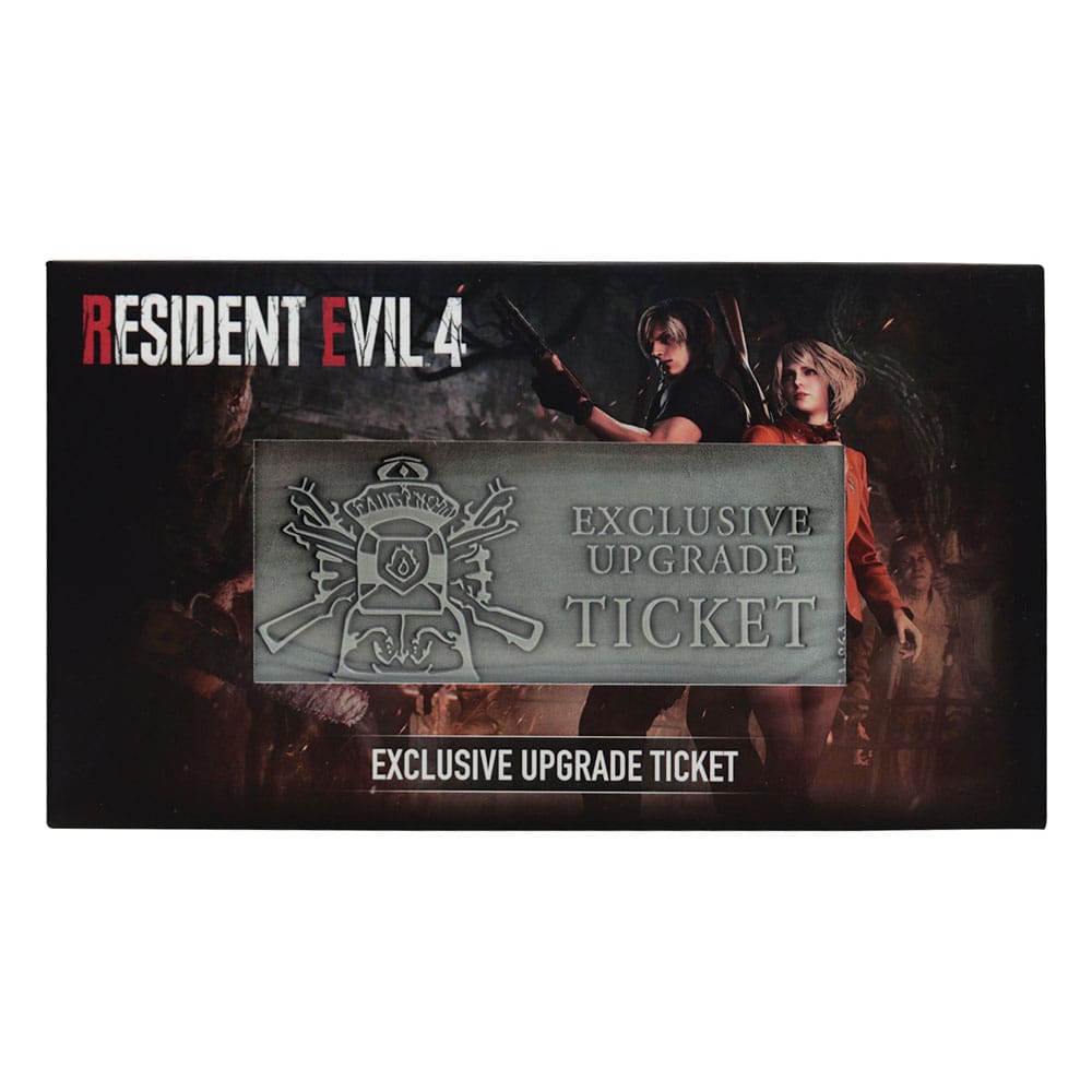 Ticket Upgrade RE4 en métal sur fond thématique du jeu