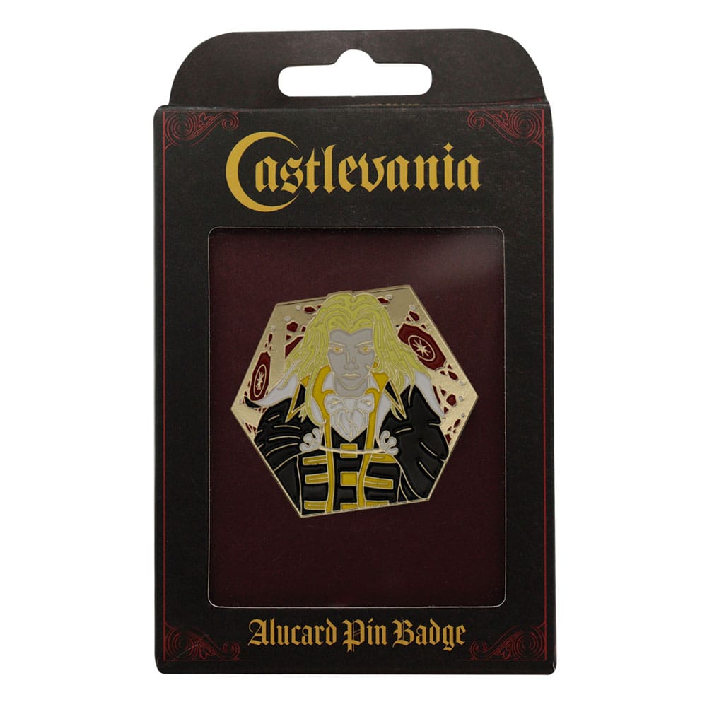 Pin's Alucard Castlevania à côté de sa carte d'authenticité numérotée