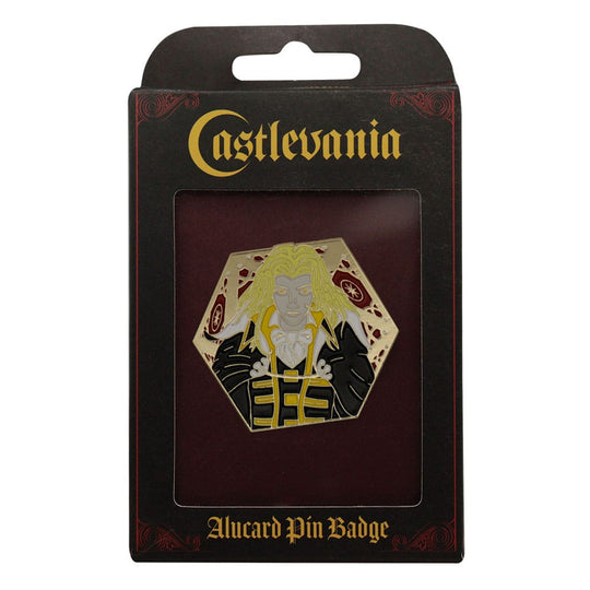 Pin's Alucard Castlevania à côté de sa carte d'authenticité numérotée
