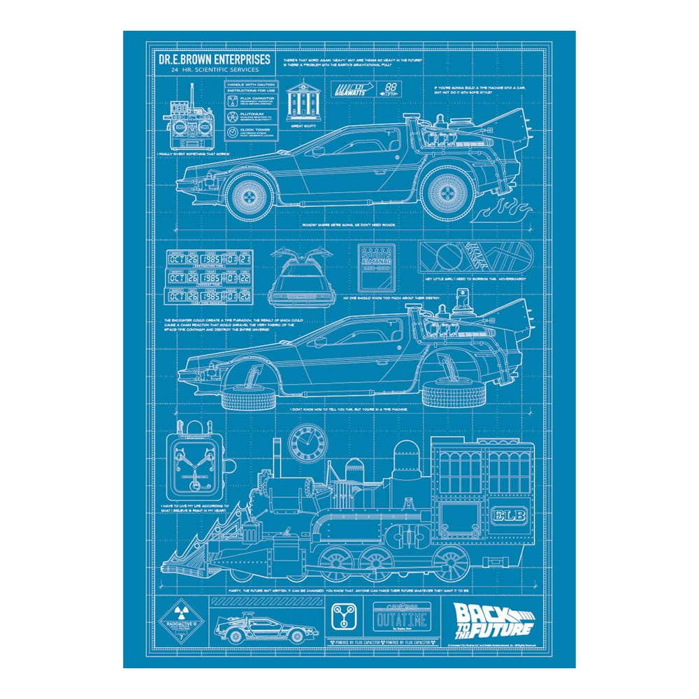 Lithographie Retour vers le Futur Time Machine Blueprint FaNaTtik A3 édition limitée