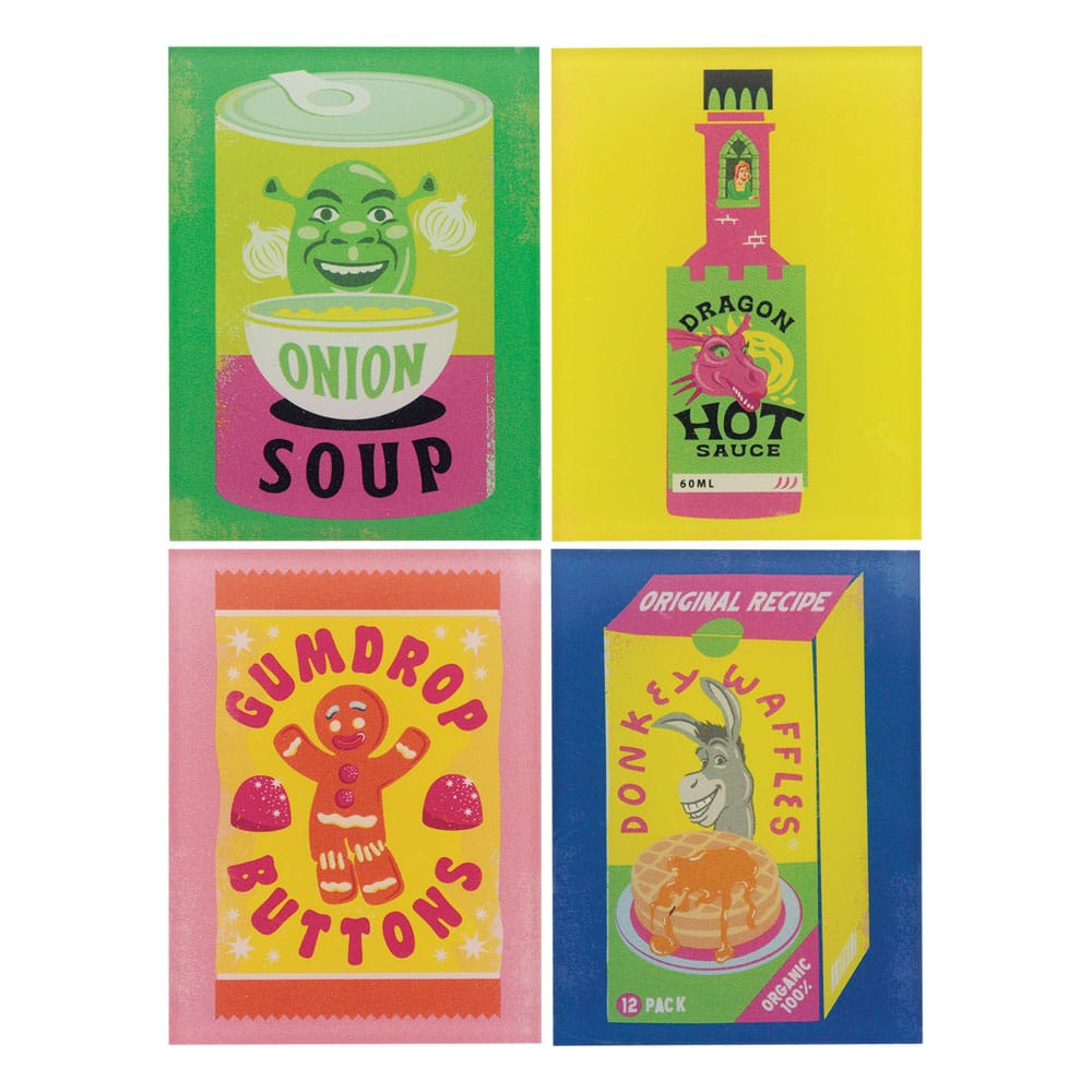 Pack de 4 aimants Shrek officiels FaNaTtik avec les personnages principaux : Shrek, Fiona, l'Âne et le Chat Potté.
