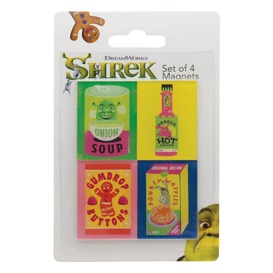 Aimants Shrek FaNaTtik décorant un frigo, ajoutant une touche ludique à la cuisine.