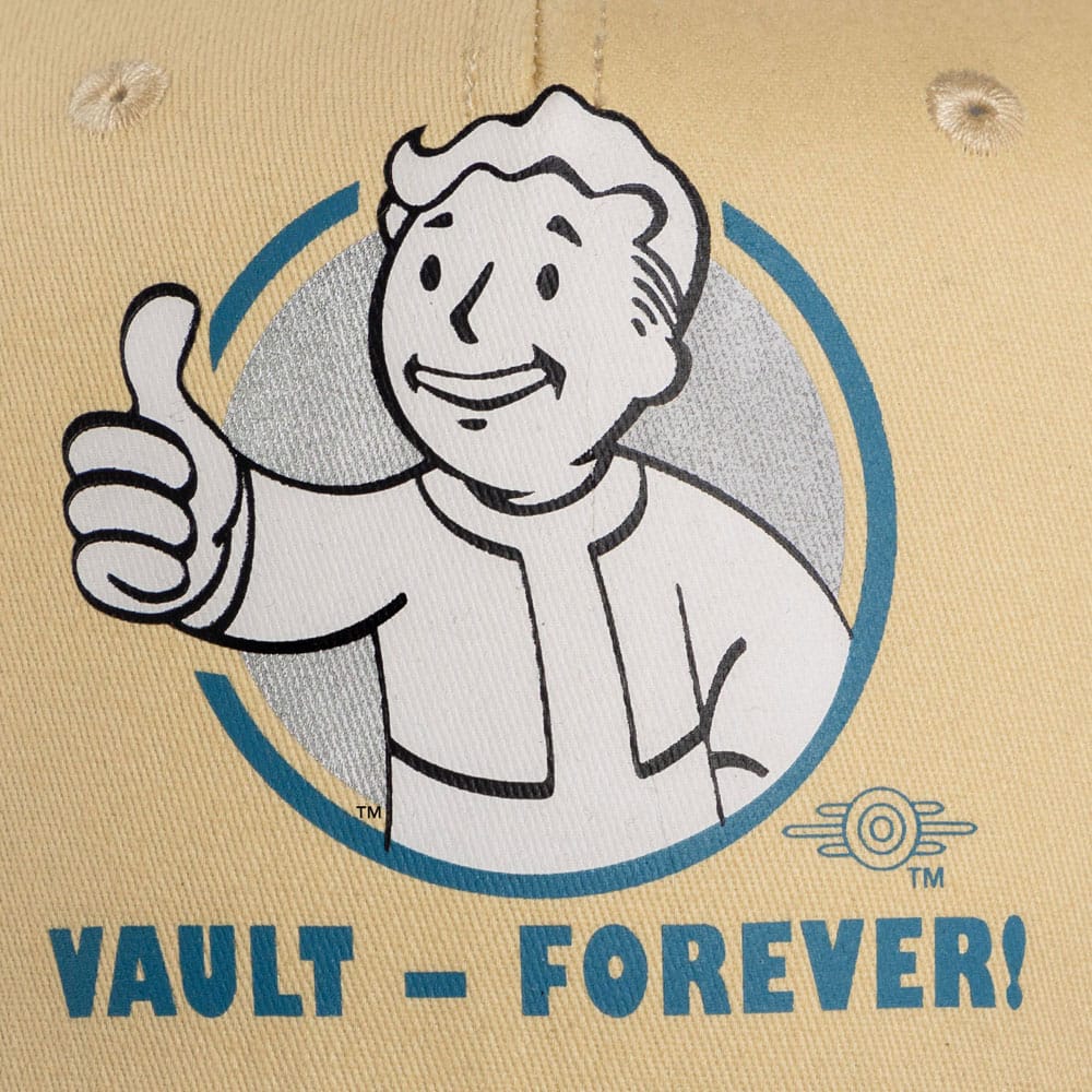 Détail du logo Vault sur la casquette Fallout Snapback en coton.