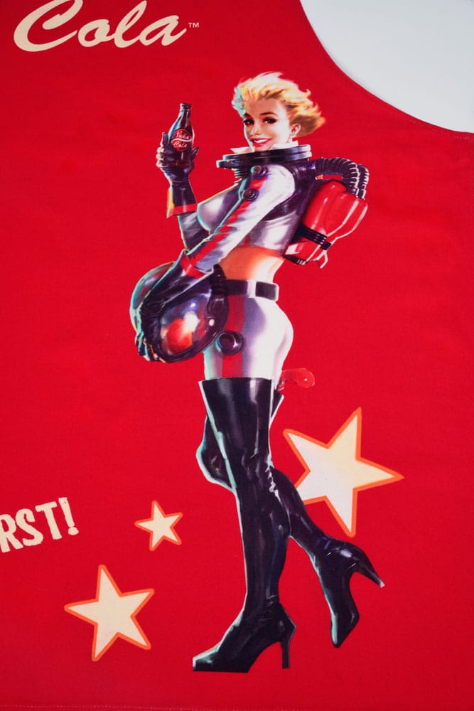 Détail du logo Nuka Cola sur le tablier Fallout en coton