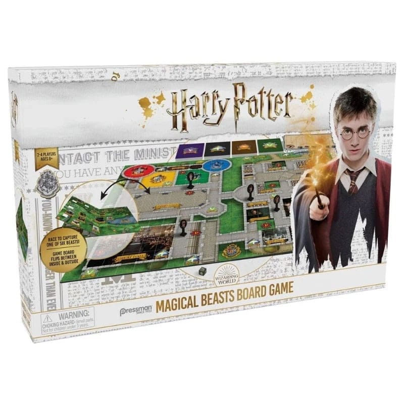 Boîte du jeu de plateau Harry Potter Magical Beasts par Goliath Toys, montrant Harry, Hermione et des créatures fantastiques.