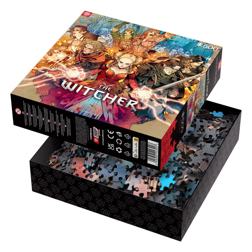 Puzzle The Witcher Scoia'tael en cours d'assemblage, mains plaçant une pièce