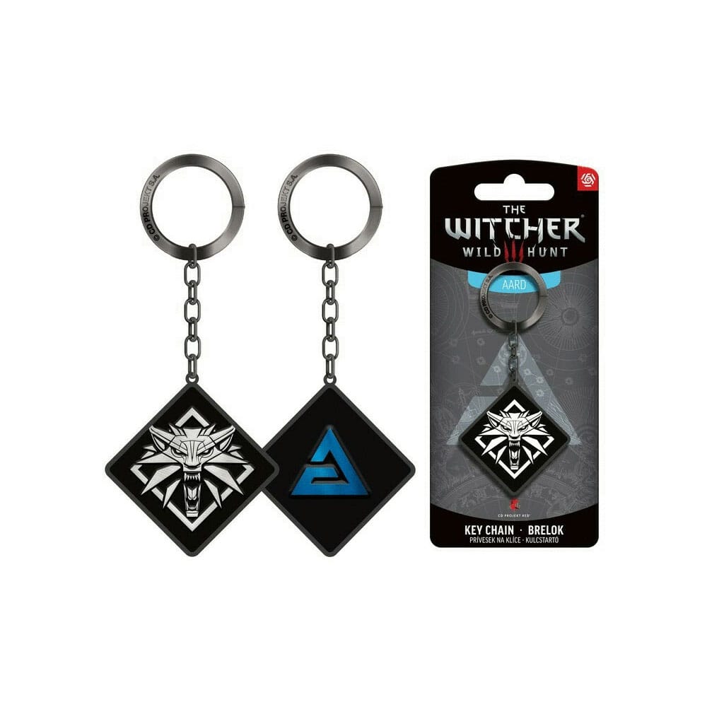 Gros plan du porte-clés Aard Symbol The Witcher 3, montrant les détails de la finition métallique