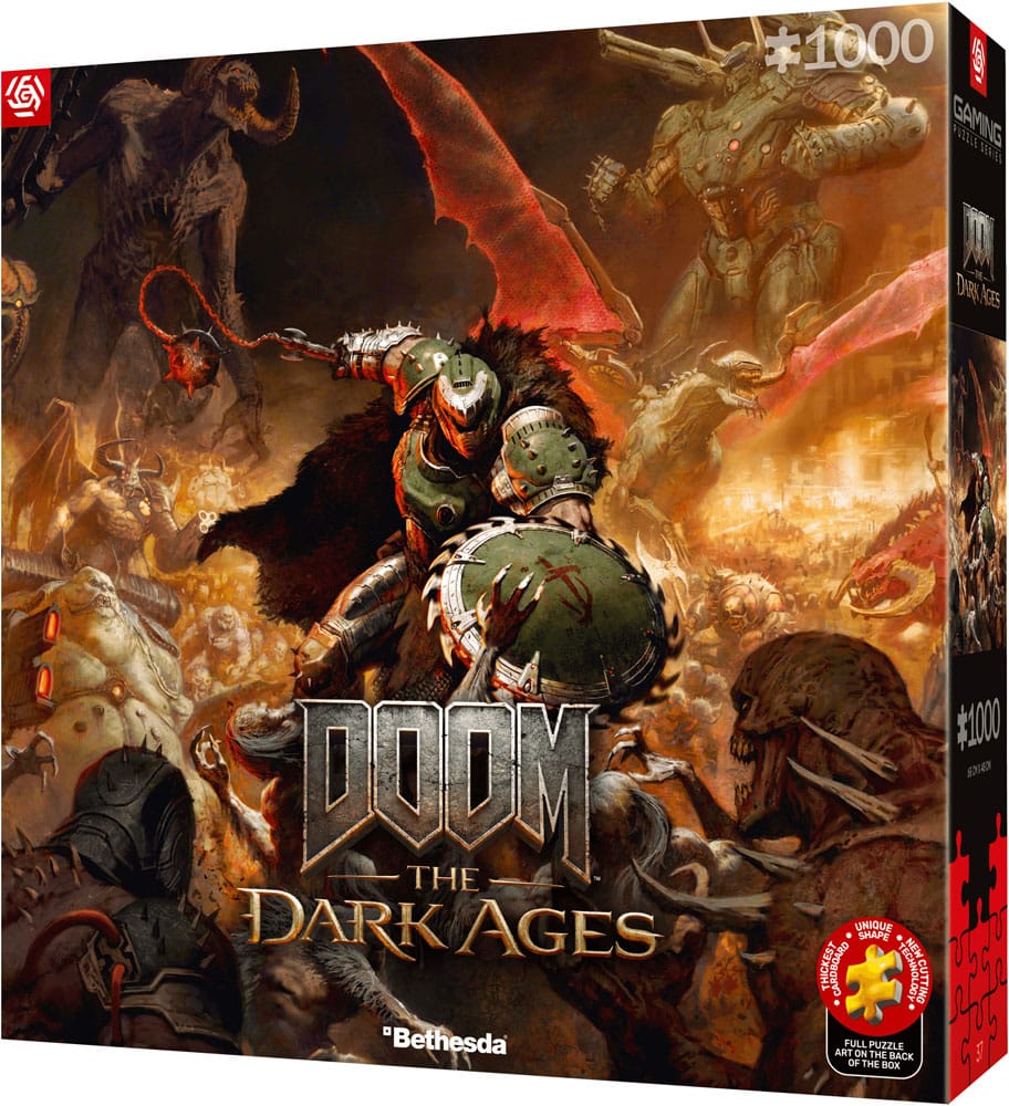 Pile de pièces du puzzle Doom The Dark Ages avec le logo Good Loot