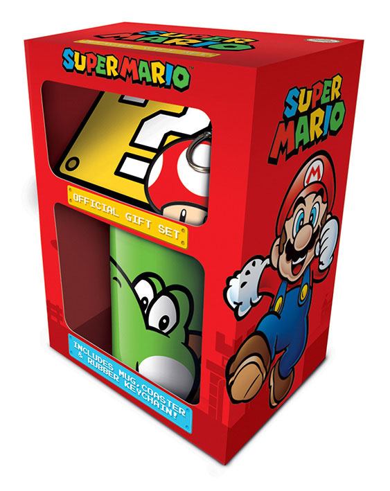 Coffret cadeau Yoshi Super Mario de Pyramid International, incluant un mug, un porte-clés en caoutchouc et un sous-verre, présentés dans une boîte thématique.