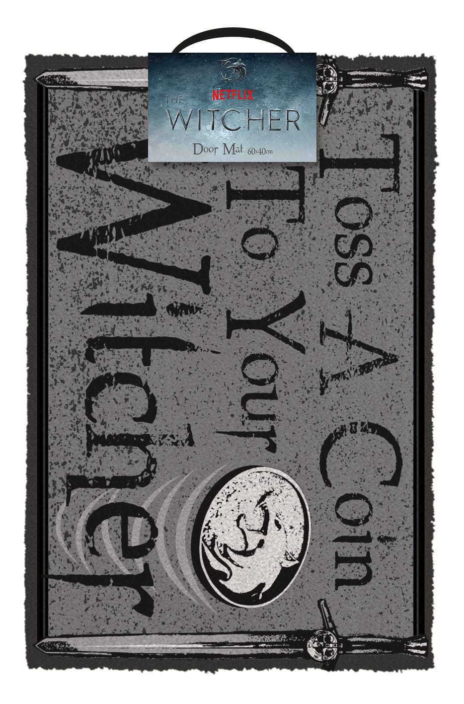 Paillasson The Witcher Toss a Coin 40x60 cm en fibre de coco et PVC, avec le logo et l'inscription, posé sur un sol clair.