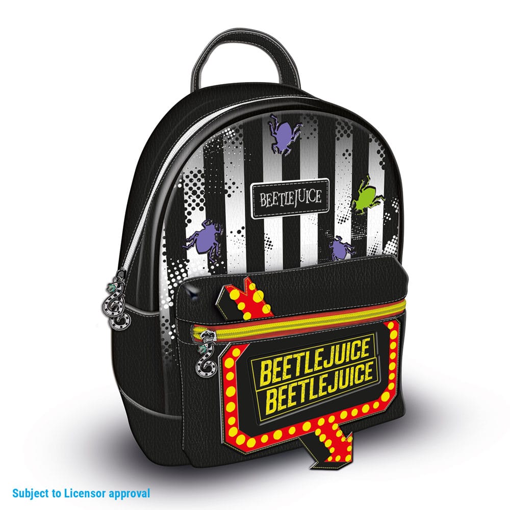 Mini sac à dos Beetlejuice officiel en cuir PU noir et blanc, motif rayé, avec logo Beetlejuice et bretelles ajustables.