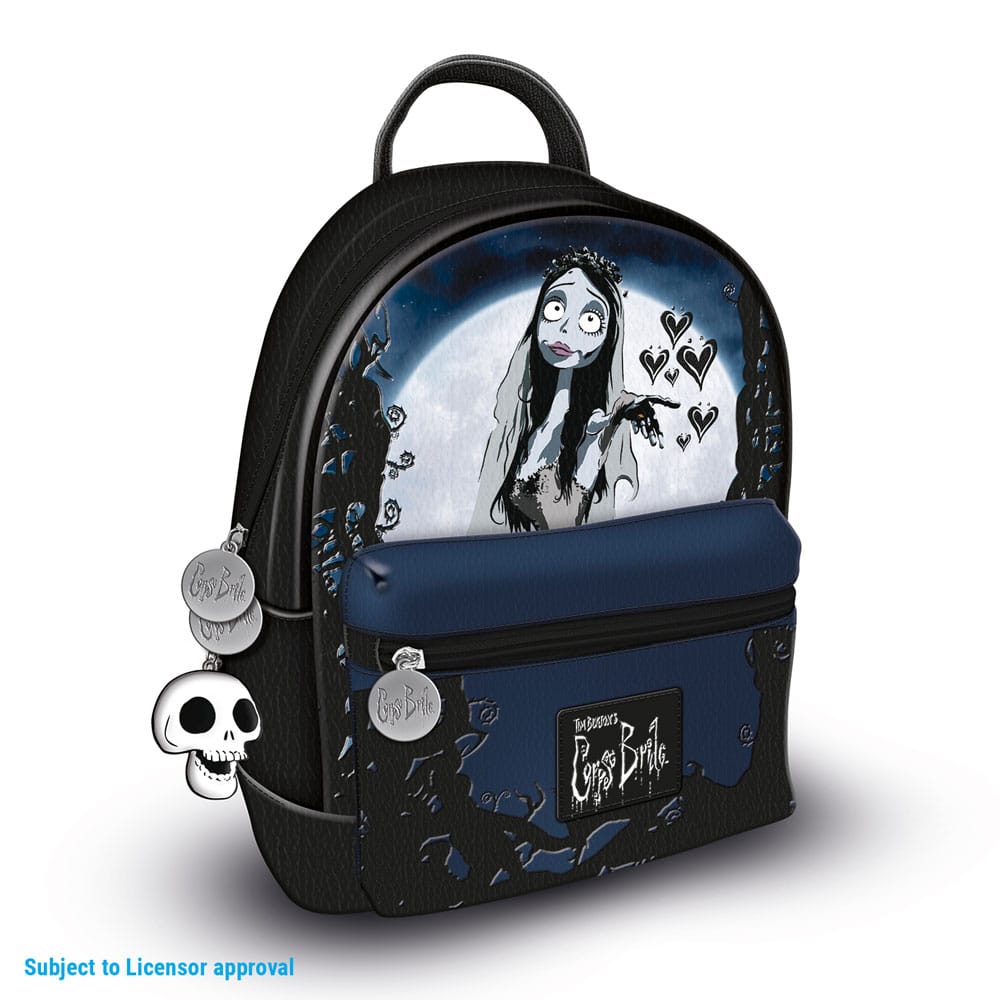 Mini sac à dos Corpse Bride officiel Pyramid International en cuir PU noir avec motif de la mariée et des détails gothiques.
