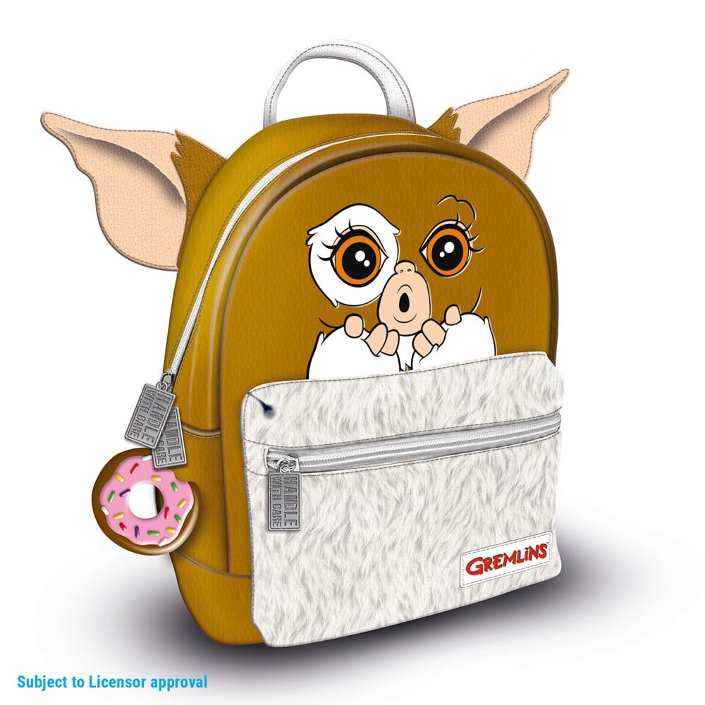 Mini sac à dos Gremlins Gizmo officiel en cuir PU, vue de face avec les oreilles de Gizmo et ses grands yeux.