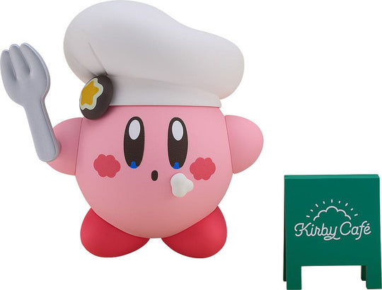 Figurine Kirby Nendoroid Kirby Cafe Ver. de face, souriant avec une boisson.