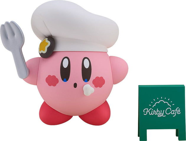 Figurine Kirby Nendoroid Kirby Cafe Ver. de face, souriant avec une boisson.
