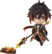 Figurine Nendoroid Zhongli Genshin Impact en pose dynamique, vue de face.
