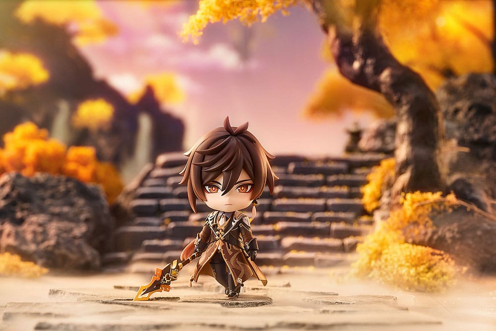 Nendoroid Zhongli de dos, montrant les détails de sa tenue.