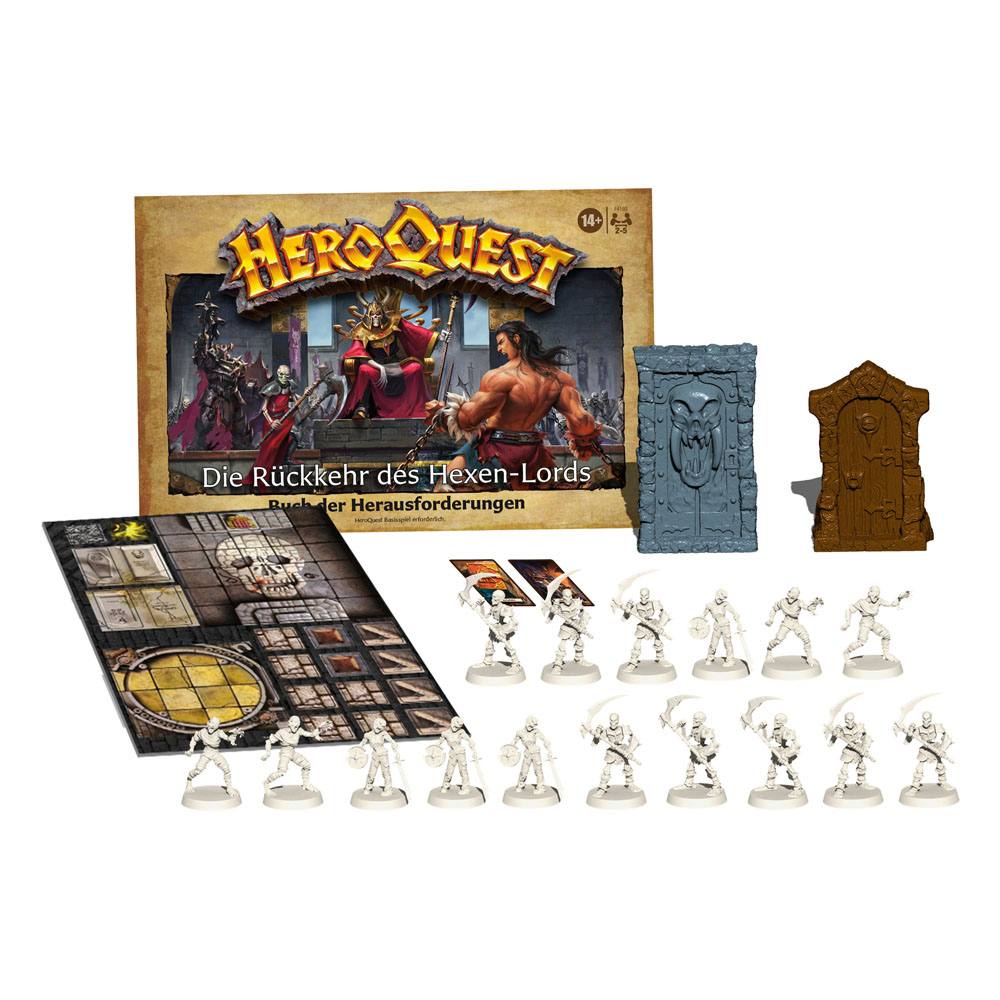 Scène de jeu HeroQuest avec les nouvelles tuiles et figurines de l'extension allemande
