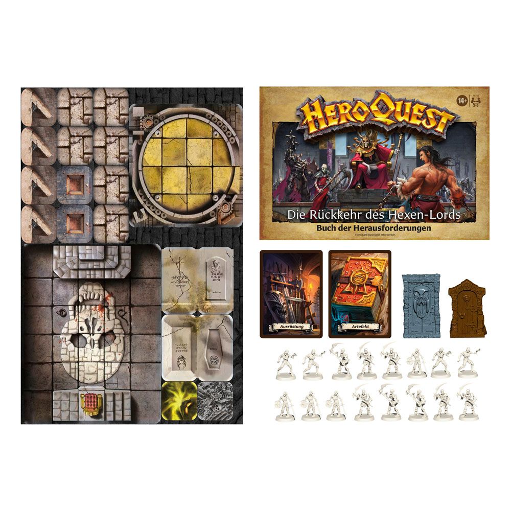 Illustration de couverture de l'extension HeroQuest Hexen-Lords avec héros et monstres