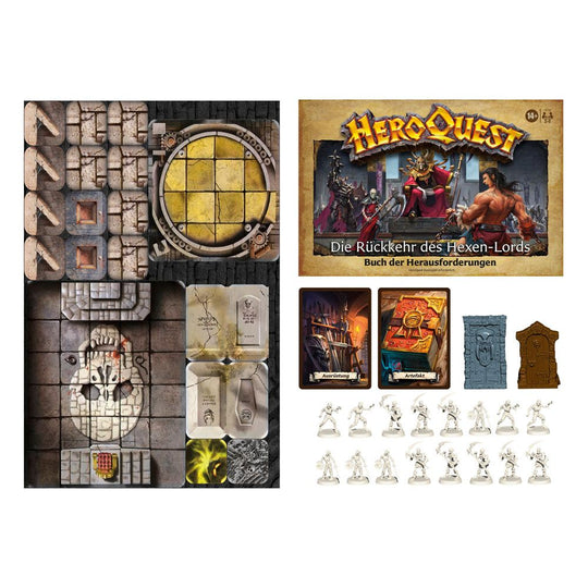 Illustration de couverture de l'extension HeroQuest Hexen-Lords avec héros et monstres