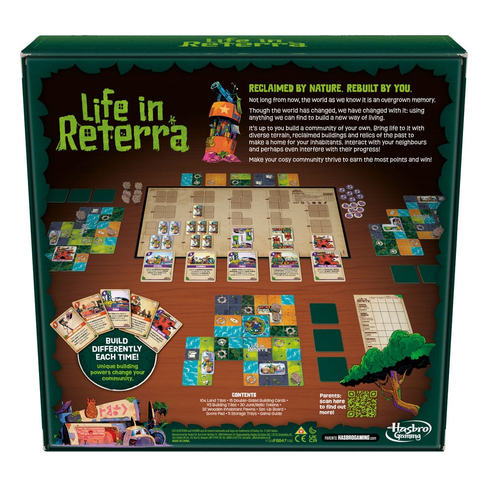 Vue d'ensemble du plateau de jeu Life in Reterra avec tuiles et bâtiments