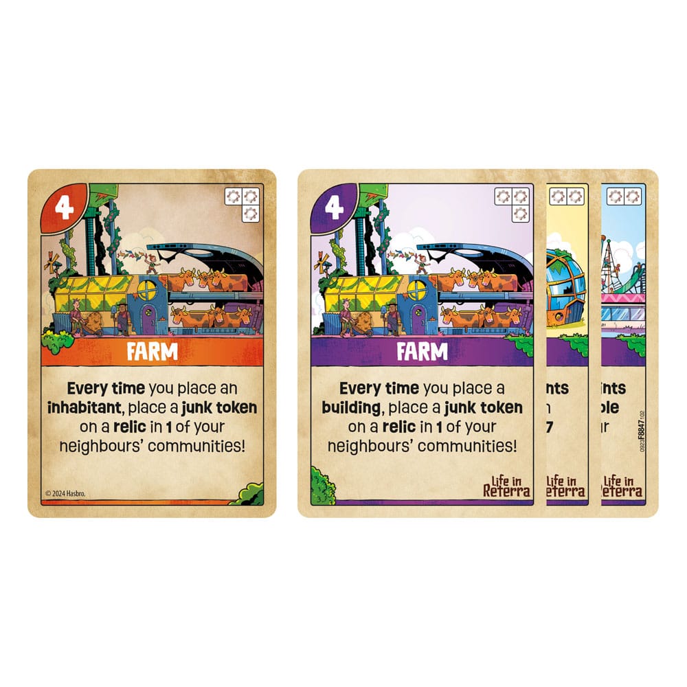 Cartes de bâtiment recto-verso et jetons Bric-à-brac du jeu Life in Reterra