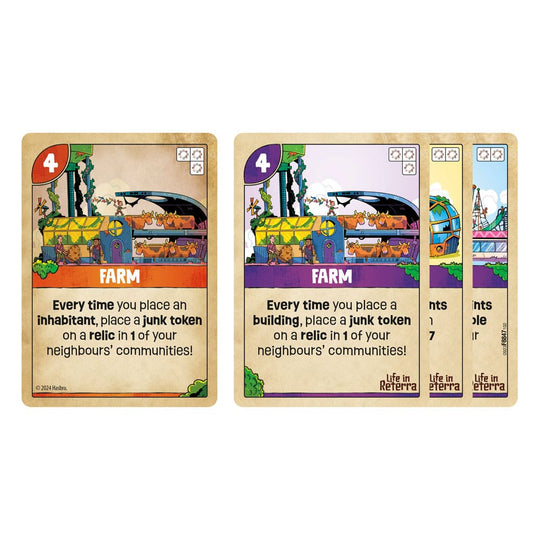 Cartes de bâtiment recto-verso et jetons Bric-à-brac du jeu Life in Reterra