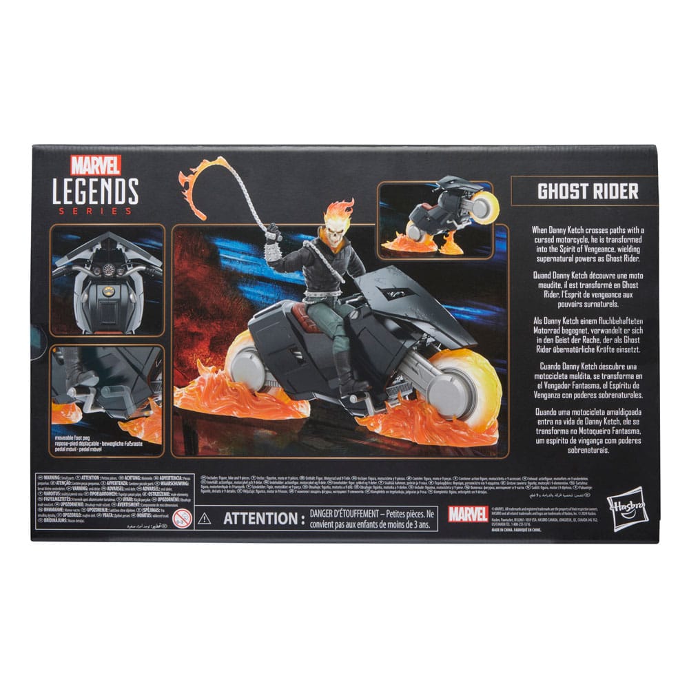 Composition de la figurine Ghost Rider et de tous ses accessoires sur fond blanc
