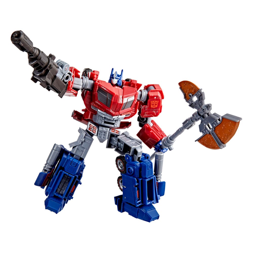Figurine Optimus Prime Transformers War for Cybertron Studio Series en mode robot, vue de face, avec blaster ionique.