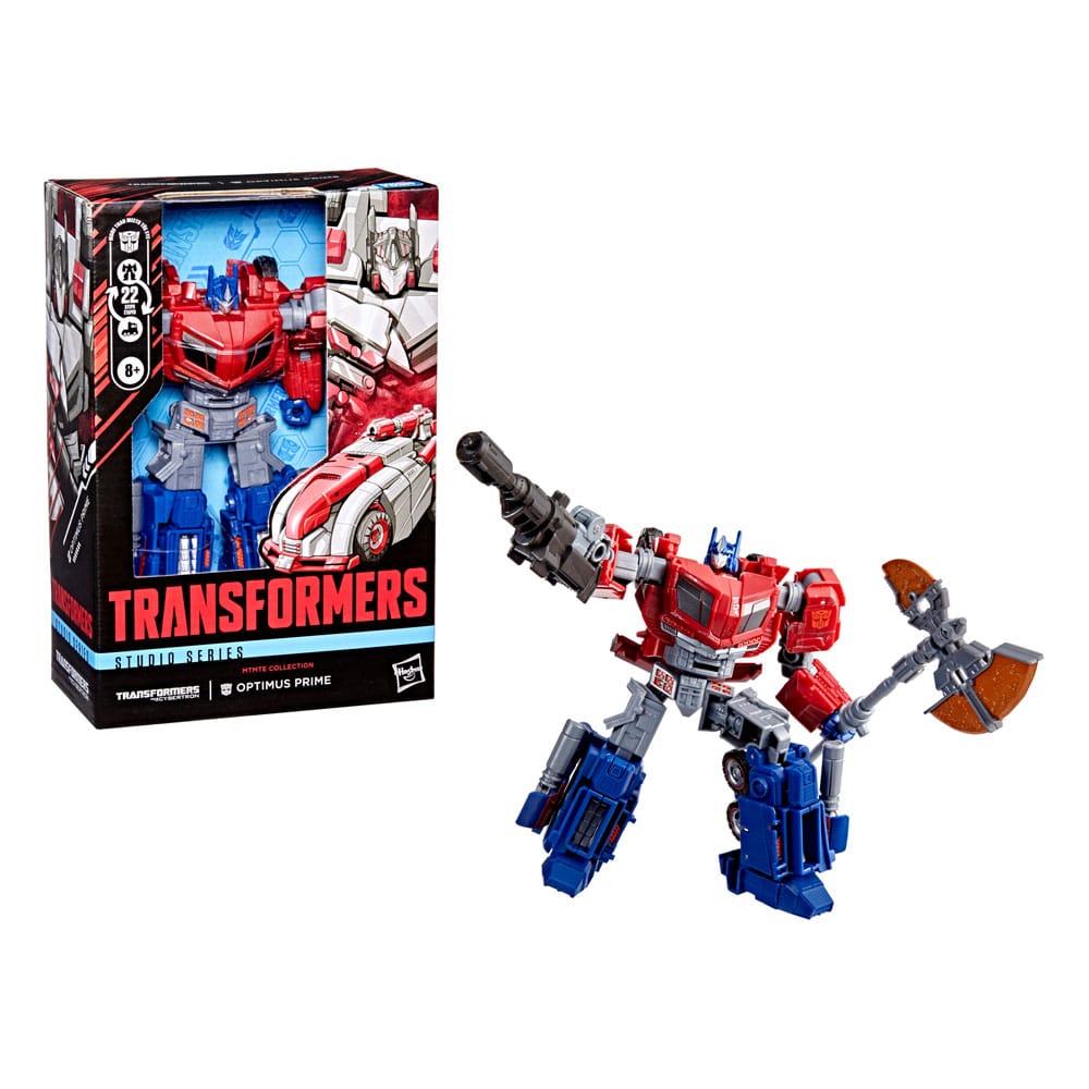 Figurine Optimus Prime Transformers Studio Series en mode robot, posant avec la hache d'Energon.