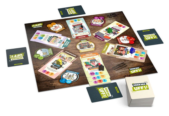 Contenu du jeu de plateau Heer Ma Uff!! : cartes, pions et plateau de jeu