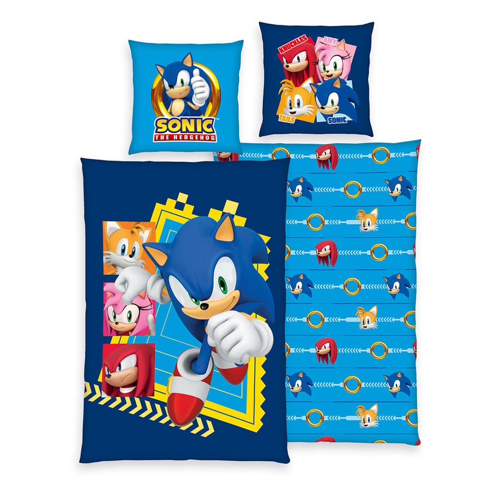 Parure de lit Sonic The Hedgehog 135x200 cm avec taie d'oreiller 80x80 cm, motif Sonic en pleine course sur fond bleu, 100% coton Herding.