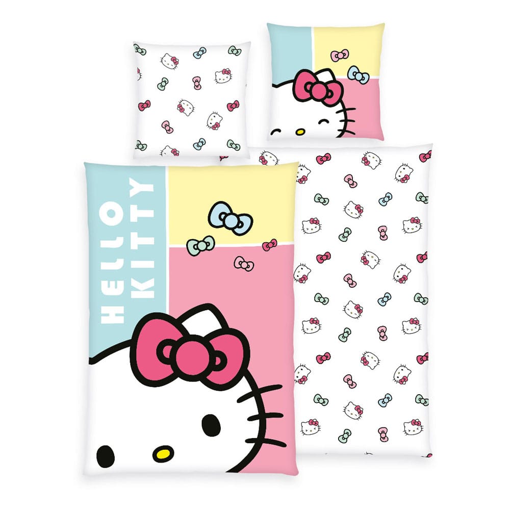 Parure de lit Hello Kitty Bow avec housse de couette et taie d'oreiller en coton, motif Hello Kitty et nœuds roses sur fond clair