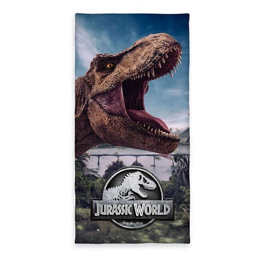 Serviette de bain Jurassic World Herding avec motif dinosaure T-Rex et logo, 75x150 cm, 100% coton.