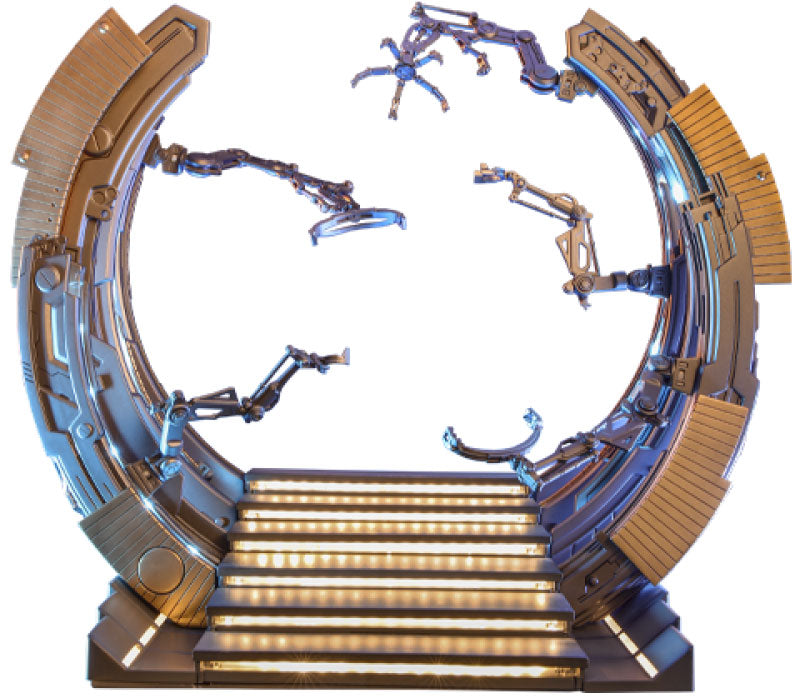 Hot Toys Iron Man Suit-Up Gantry, vue d'ensemble avec bras articulés