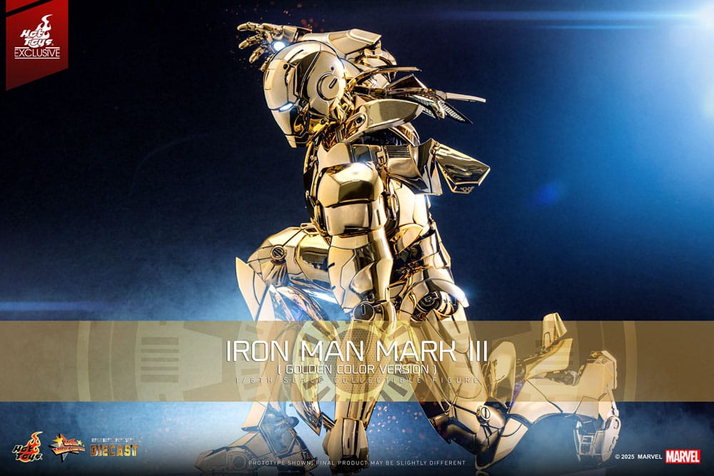 Gros plan du casque Iron Man Mark III Gold Hot Toys avec détails fins