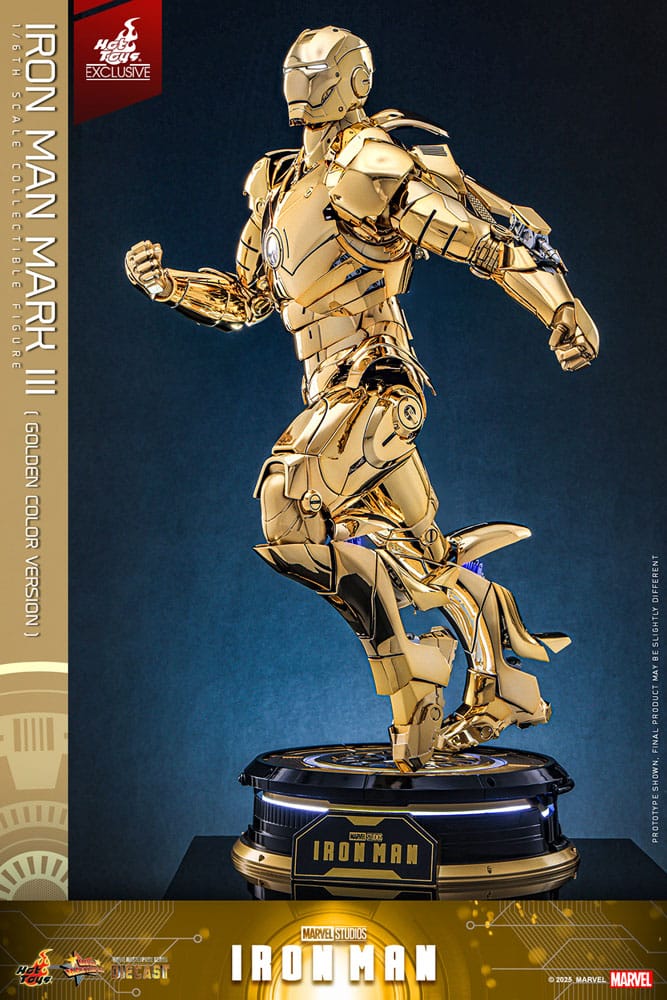 Iron Man Mark III Gold Hot Toys posé sur son socle de présentation détaillé