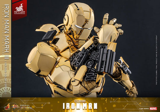 Détail de l'armure Diecast dorée de la figurine Iron Man Mark III