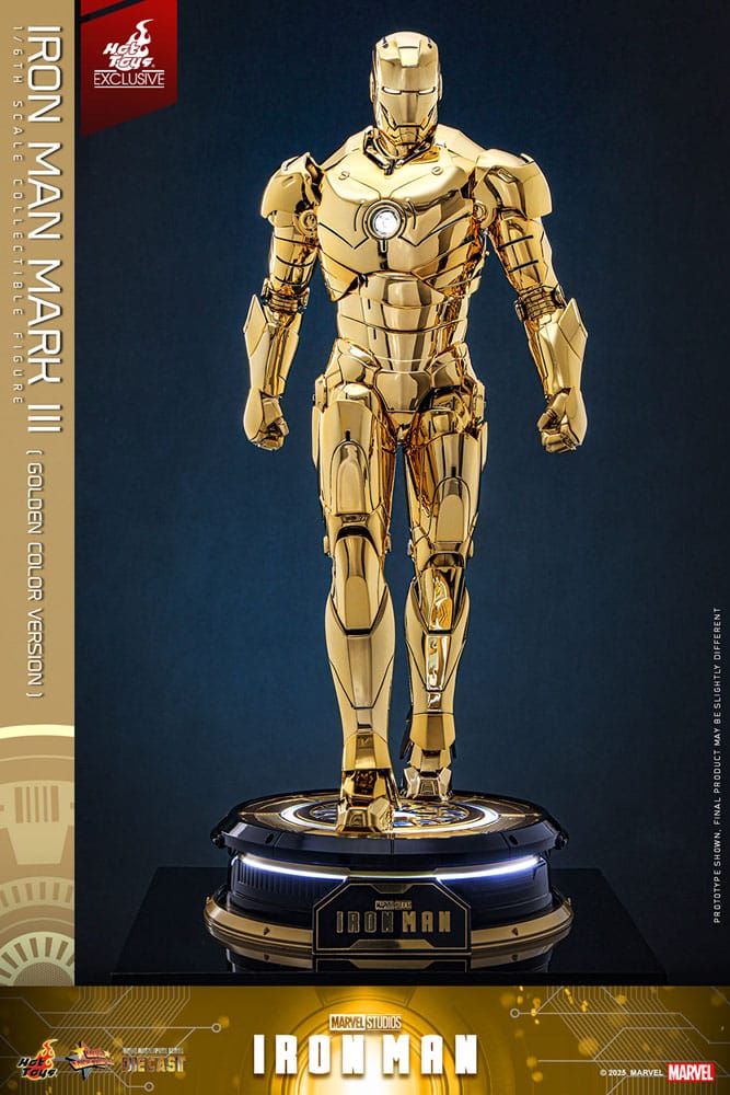 Iron Man Mark III Gold en action, prêt au combat, avec socle