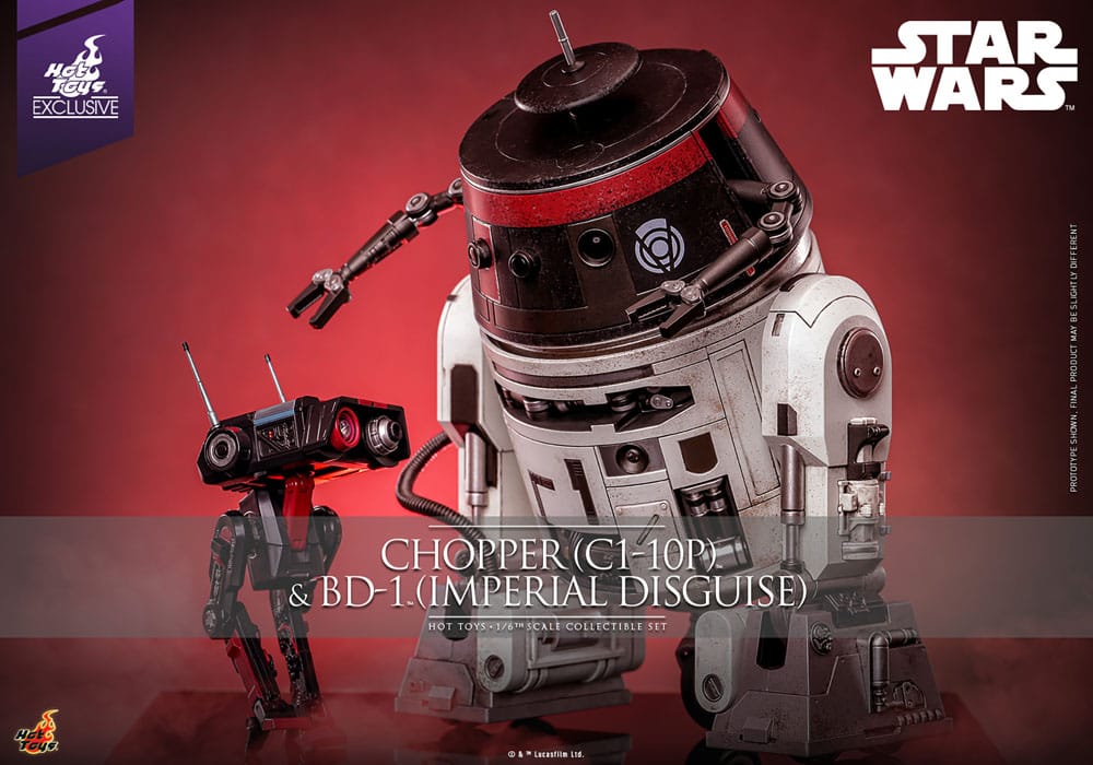 Gros plan BD-1 Hot Toys en tenue impériale avec accessoires