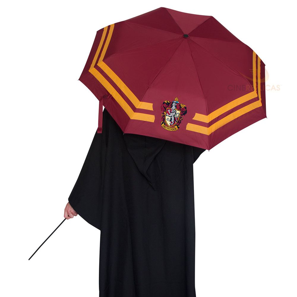 Parapluie Harry Potter Gryffondor fermé, vue latérale, motifs visibles