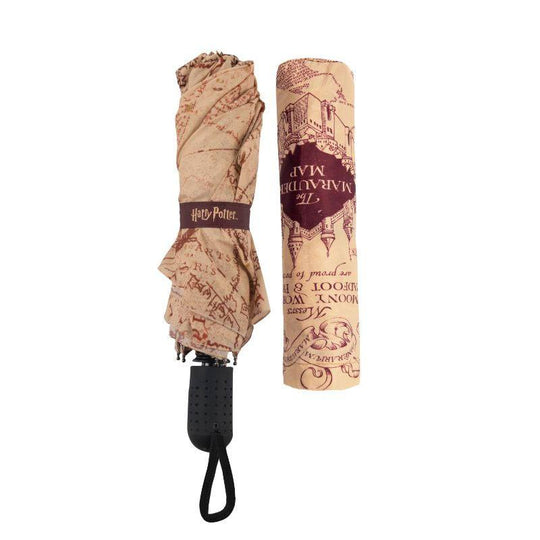 Parapluie Harry Potter Carte du Maraudeur fermé, avec le logo Cinereplicas et la poignée.
