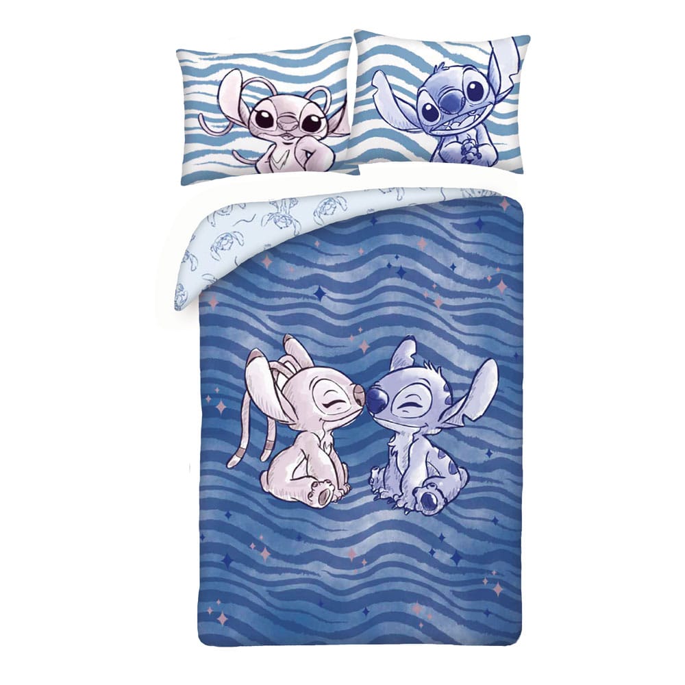 Parure de lit Lilo et Stitch Stitch & Angel Waves, housse de couette 140x200 cm et taie 70x90 cm en coton, design officiel Halantex